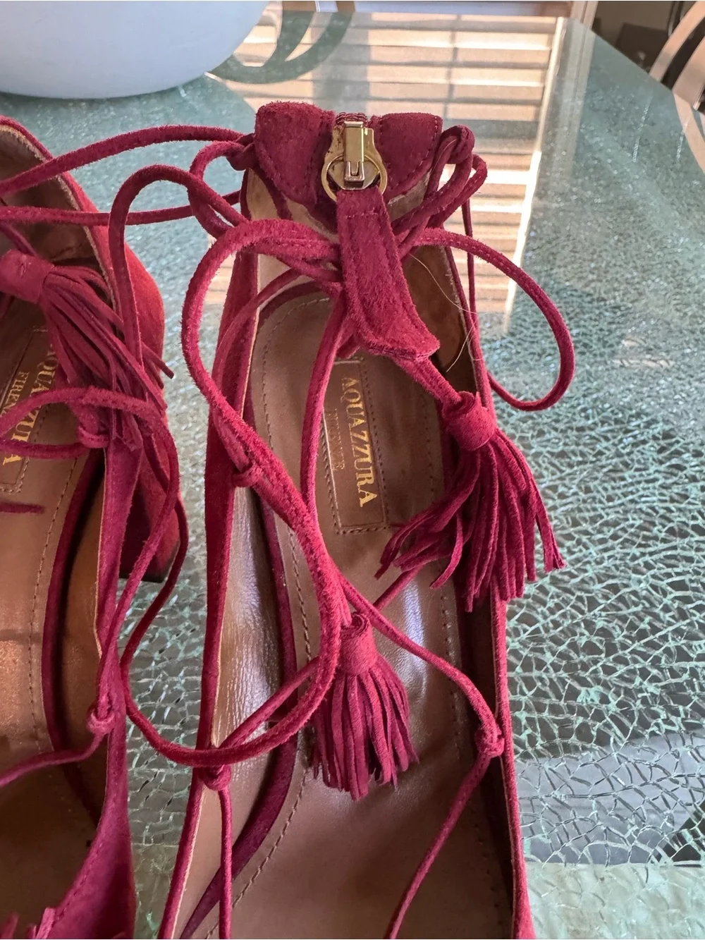Aquazzura Women's Burgundy Tassel Lace-Up Pumps 40